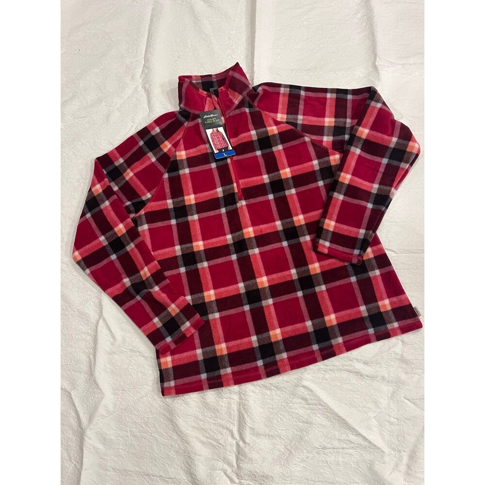 Eddie Bauer womens NWT large fleece pullover 1/4 zip up red plaid